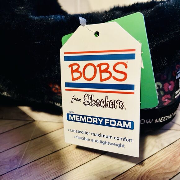 BOBS Skechers Too Cozy Meow Cat Women's 6 Floral Slippers Fur Embroidered Vegan - Picture 10 of 10